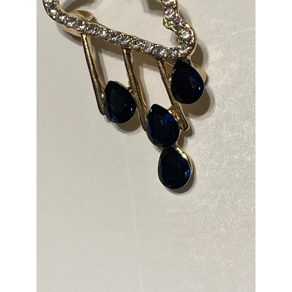 Gold Tone Rhinestone Rain Cloud Brooch Blue Teardrop Raindrop Pin